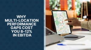 Multi-location restaurant performance analytics dashboard showing 8-12% variance gaps across enterprise portfolio