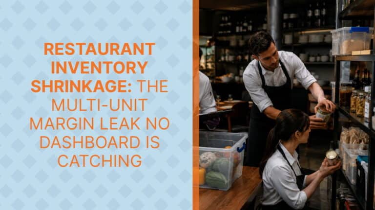 Multi-unit restaurant inventory shrinkage dashboard showing actual vs. theoretical usage variance across 30 locations