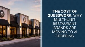 Multi-unit restaurant AI ordering dashboard showing demand-based order recommendations across 30 locations with forecast accuracy metrics