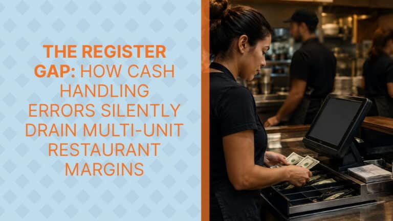 Multi-unit restaurant cash management dashboard showing over/short variance by location and cashier with real-time reconciliation tracking